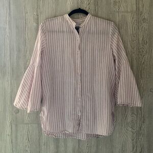 Chaps Linen Blend Bell Sleeve Red and White Pin Stripe Button Down Blouse M